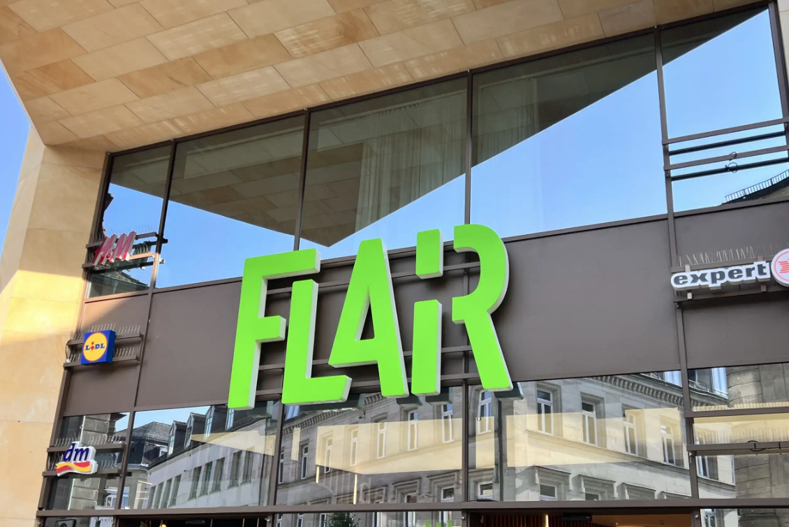 The green FLAIR Fürth sign above the main entrance